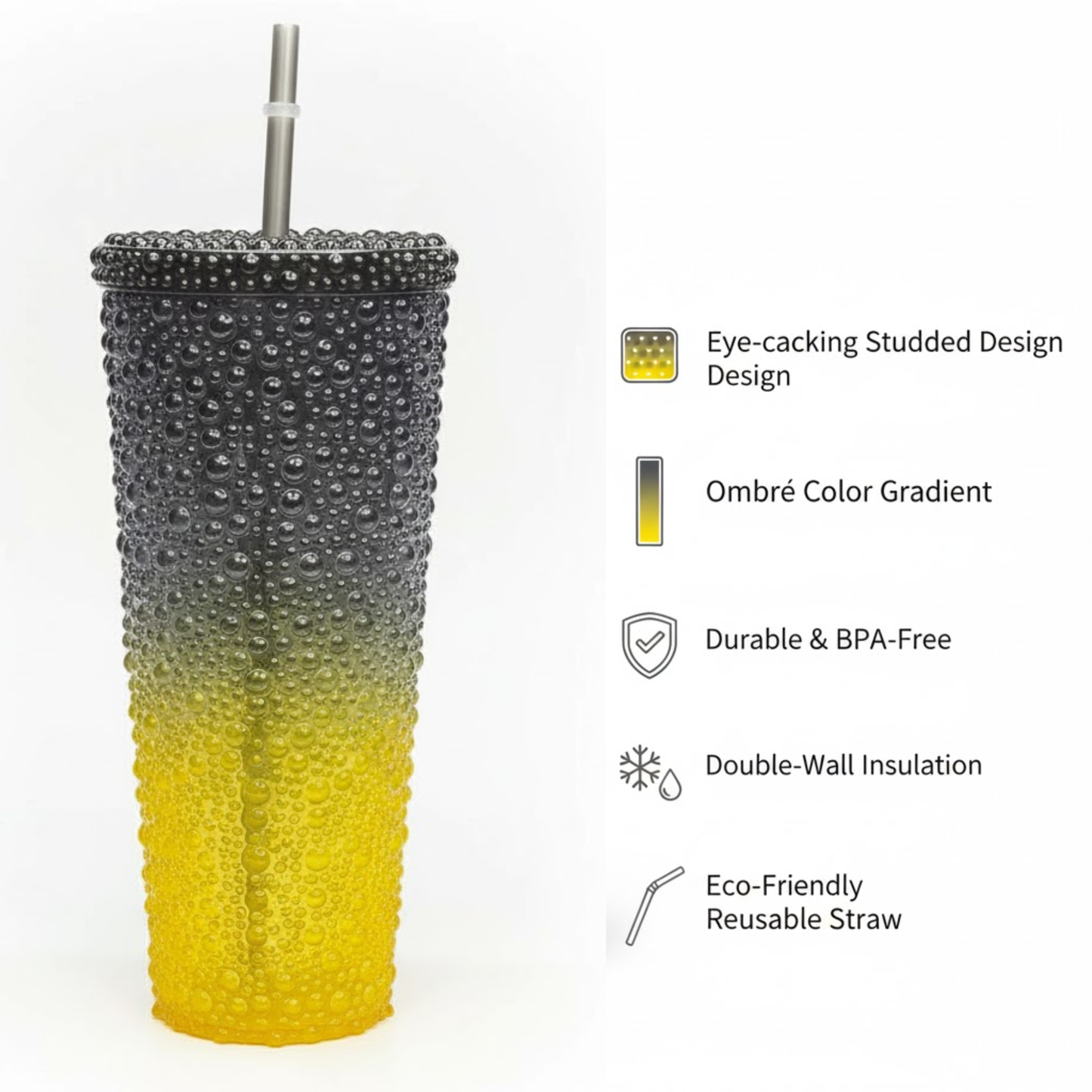 DailyAlley Sipper Tumbler Set (3-Pack) | Black-Yellow Water Droplet Design | Reusable Travel Cups with Straws for Girls & Women (800/500/300ml) Dailyalley