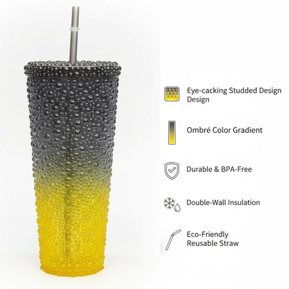 DailyAlley Sipper Tumbler Set (3-Pack) | Black-Yellow Water Droplet Design | Reusable Travel Cups with Straws for Girls & Women (800/500/300ml) Dailyalley