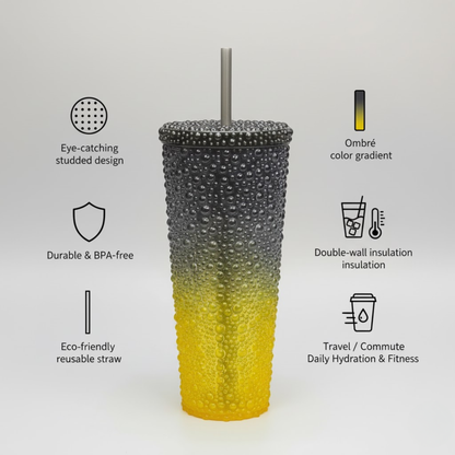 DailyAlley Sipper Tumbler Set (3-Pack) | Black-Yellow Water Droplet Design | Reusable Travel Cups with Straws for Girls & Women (800/500/300ml) Dailyalley