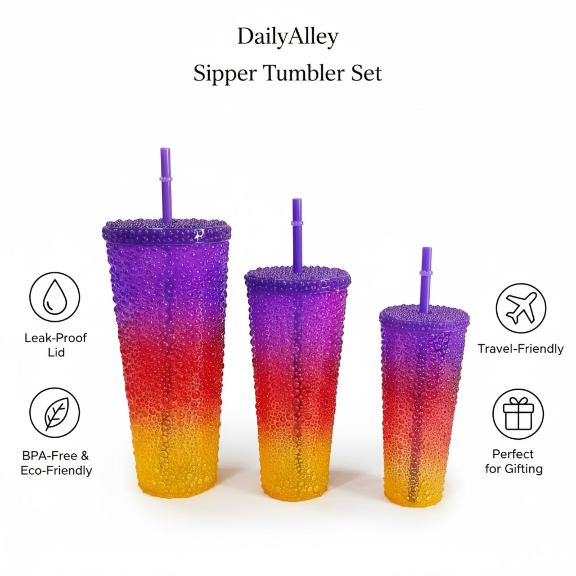 DailyAlley Colorful Sipper Tumbler Set (3-Pack) with Straws | Reusable Hot & Cold Drink Cups | Water Droplet Design Bottles (800/500/300ml) Dailyalley