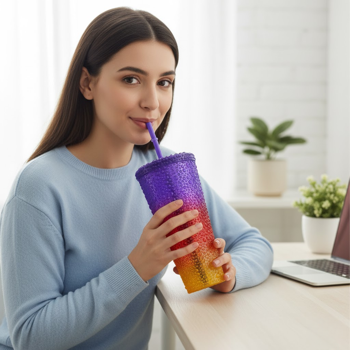 DailyAlley Colorful Sipper Tumbler Set (3-Pack) with Straws | Reusable Hot & Cold Drink Cups | Water Droplet Design Bottles (800/500/300ml) Dailyalley