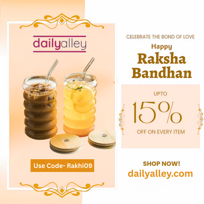 Promotional banner for Daily Alley with drinks and Raksha Bandhan offer.