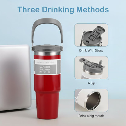 DailyAlley Red Travel Mug - A stylish and insulated travel mug with a handle, perfect for keeping your drinks hot or cold on the go. Dailyalley