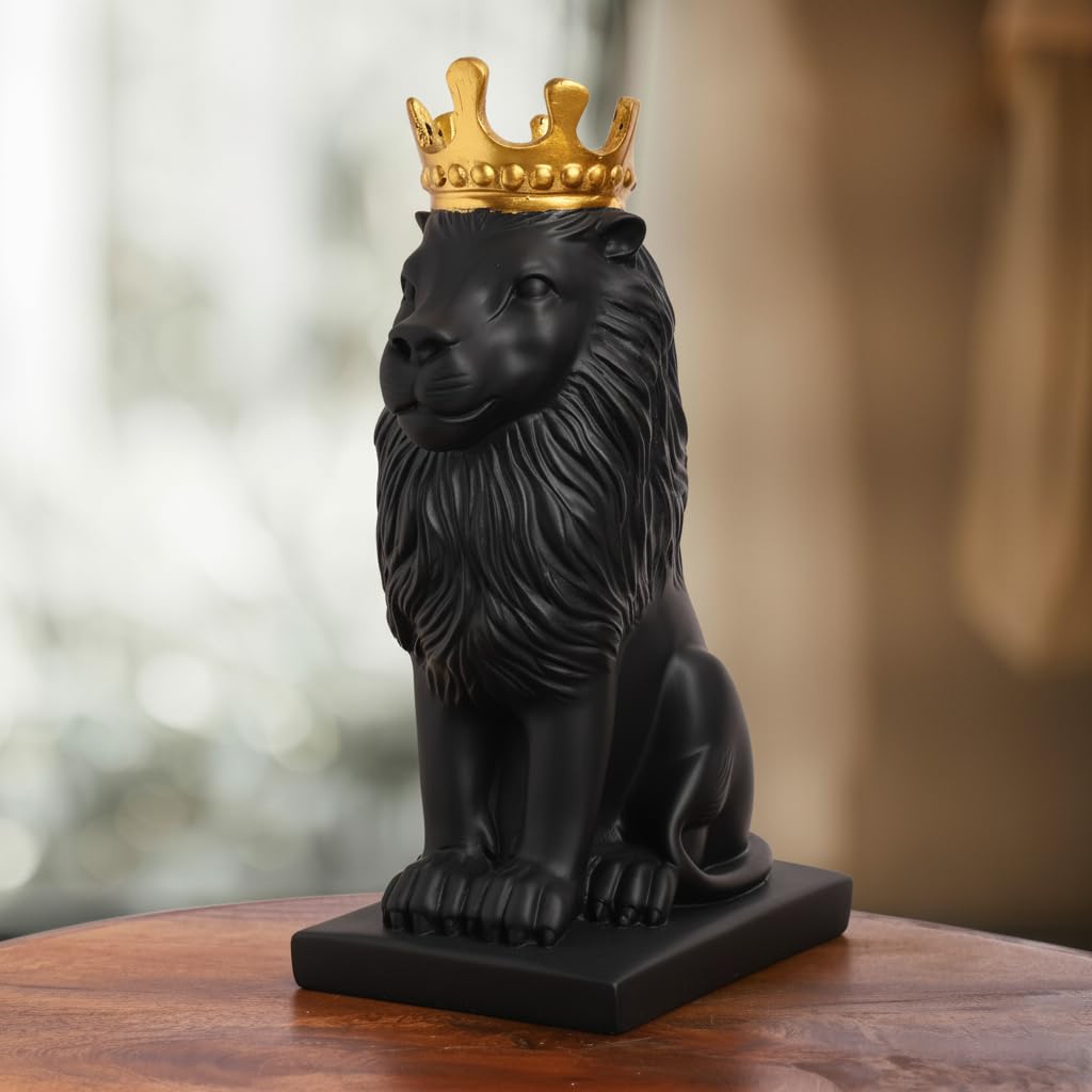 DailyAlley Black & Gold Plated Crowned Lion King Statue (11 Inch) | Premium Polyresin Decorative Showpiece for Home, Office Desk, Living Room & Luxury Gifting Dailyalley
