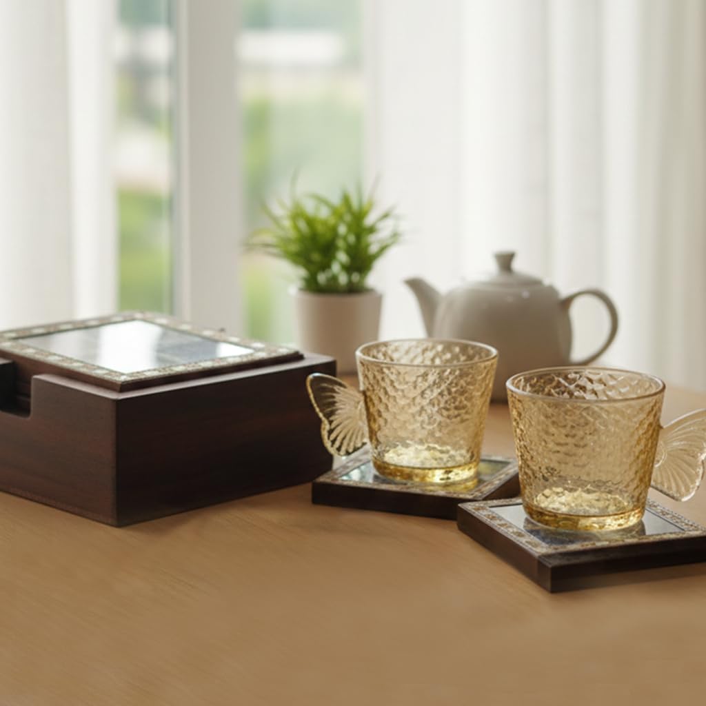 Handmade Wooden Gemstone Coaster Set – 4 Rectangular Tea & Coffee Coasters with Holder | Natural Wood Drink Mats for Home, Office, Dining Table & Bar Dailyalley