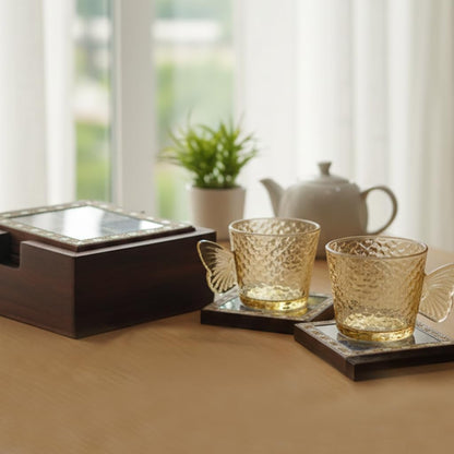 Handmade Wooden Gemstone Coaster Set – 4 Rectangular Tea & Coffee Coasters with Holder | Natural Wood Drink Mats for Home, Office, Dining Table & Bar Dailyalley