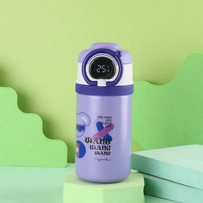 Purple water bottle with digital display on a green geometric background