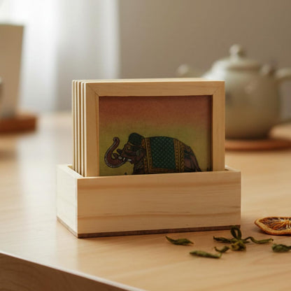 Hand-Painted Elephant Wooden Coaster Set – 6 Kadam Wood Coasters with Holder | Artisanal Table Decor for Tea, Coffee, Home & Office Dailyalley