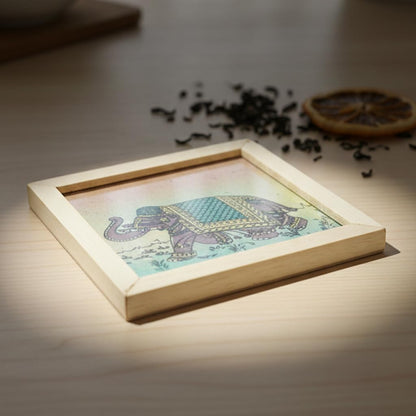 Hand-Painted Elephant Wooden Coaster Set – 6 Kadam Wood Coasters with Holder | Artisanal Table Decor for Tea, Coffee, Home & Office Dailyalley
