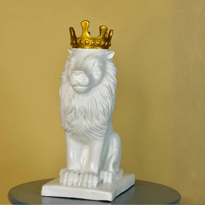 DailyAlley White & Gold Plated Crowned Lion King Statue (11 Inch) | Premium Polyresin Decorative Showpiece for Home, Office Desk & Gifting | Modern Black Lion Figurine Dailyalley
