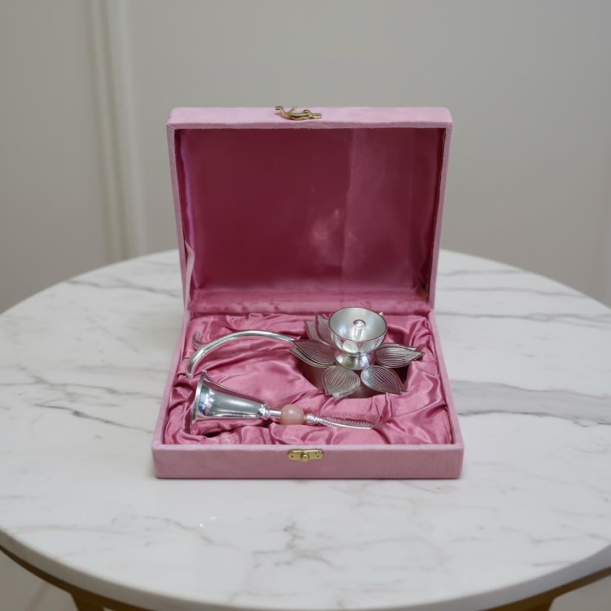 DailyAlley Silver-Plated Lotus Diya & Bell Set | German Silver Puja Items with Pink Resin Accent | Lotus Oil Diya & Ghanti in Premium Pink Velvet Gift Box | Traditional Temple Decor & Auspicious Gifting Set Dailyalley