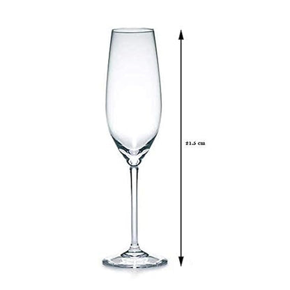 Clear champagne flute with measurement label on a white background