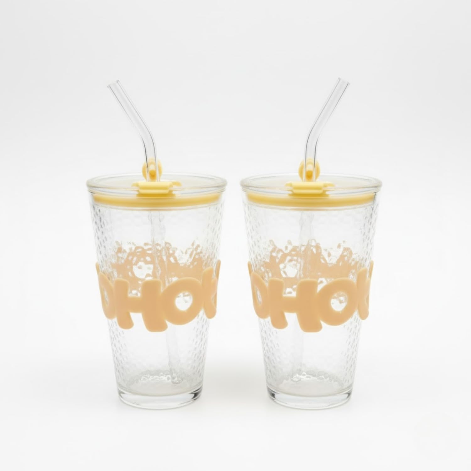 DailyAlley Glass Sipper Tumbler with Straw | Set of 2 | 450ml Stylish Cup for Cold & Hot Drinks | Reusable Travel Mug for Office, Gym, Home (Transparent, Yellow) Dailyalley