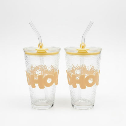 DailyAlley Glass Sipper Tumbler with Straw | Set of 2 | 450ml Stylish Cup for Cold & Hot Drinks | Reusable Travel Mug for Office, Gym, Home (Transparent, Yellow) Dailyalley