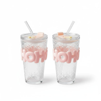 Glass Sipper Tumbler with Straw | 450ml Stylish Cup for Cold & Hot Drinks | Reusable Travel Mug for Office, Gym, Home (Transparent, Pink) Dailyalley