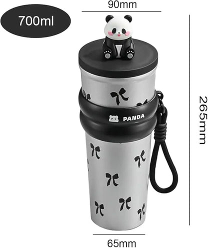 Panda-themed tumbler with measurements on a white background