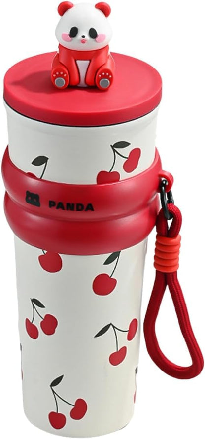Panda-themed tumbler with cherry design on a white background