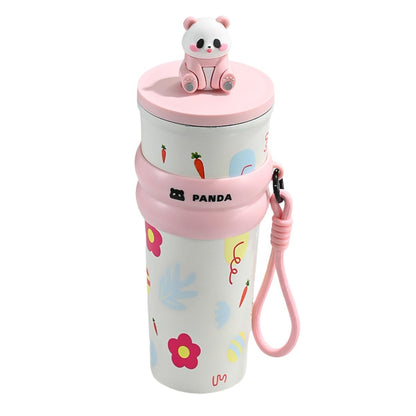 Children's water bottle with panda design and pink lid on a white background