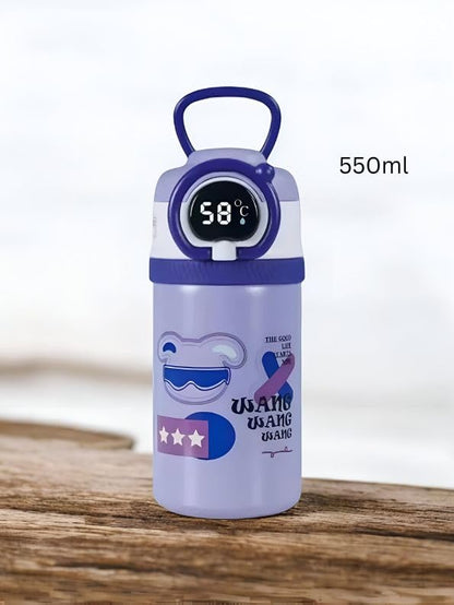 Purple water bottle with digital temperature display on a wooden surface