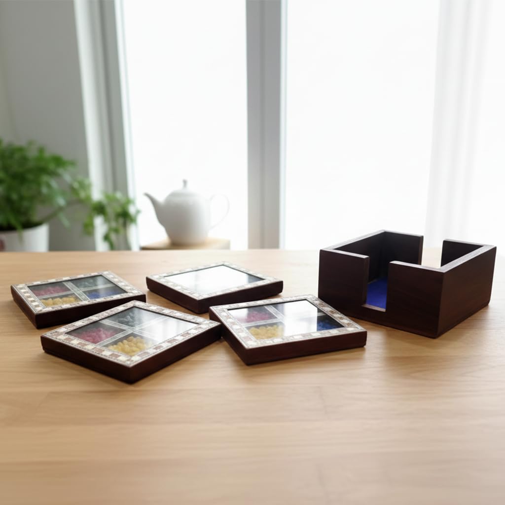 Handmade Wooden Gemstone Coaster Set – 4 Rectangular Tea & Coffee Coasters with Holder | Natural Wood Drink Mats for Home, Office, Dining Table & Bar Dailyalley