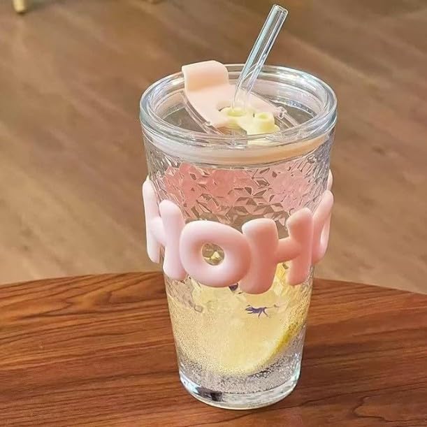 Glass Sipper Tumbler with Straw | 450ml Stylish Cup for Cold & Hot Drinks | Reusable Travel Mug for Office, Gym, Home (Transparent, Pink) Dailyalley