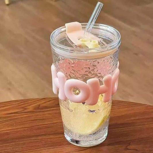 Glass Sipper Tumbler with Straw | 450ml Stylish Cup for Cold & Hot Drinks | Reusable Travel Mug for Office, Gym, Home (Transparent, Pink) Dailyalley