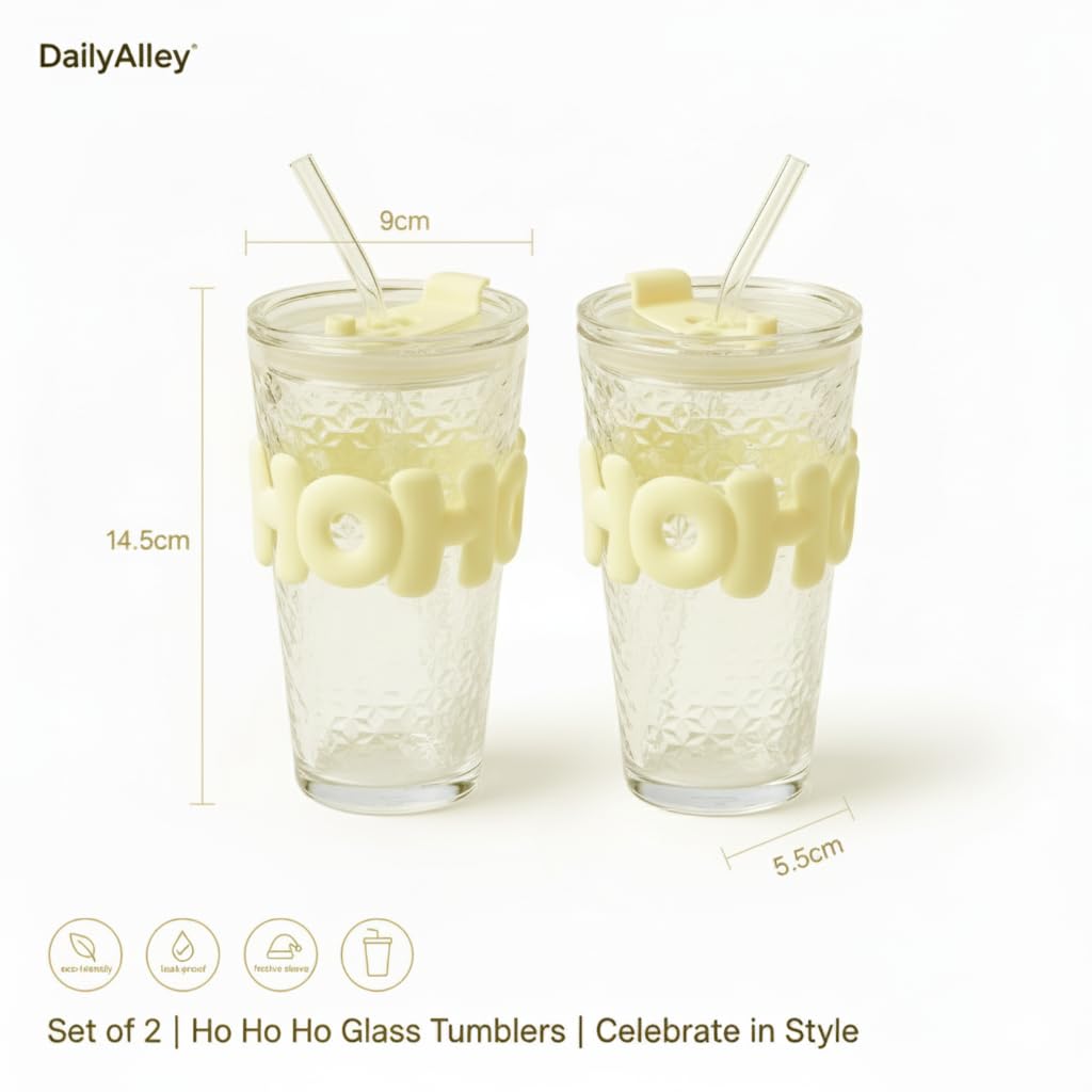 DailyAlley Glass Sipper Tumbler with Straw | Set of 2 | 450ml Stylish Cup for Cold & Hot Drinks | Reusable Travel Mug for Office, Gym, Home (Transparent, Yellow) Dailyalley