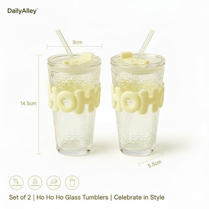 DailyAlley Glass Sipper Tumbler with Straw | Set of 2 | 450ml Stylish Cup for Cold & Hot Drinks | Reusable Travel Mug for Office, Gym, Home (Transparent, Yellow) Dailyalley