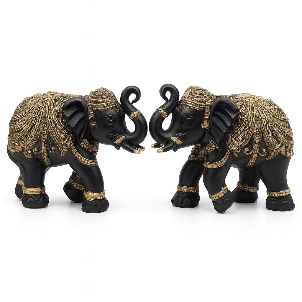 DailyAlley Premium Black & Gold Elephant Pair Showpiece | Handcrafted Polyresin Good Luck Figurines for Home Decor, Vastu, Diwali & Wedding Gifts Dailyalley