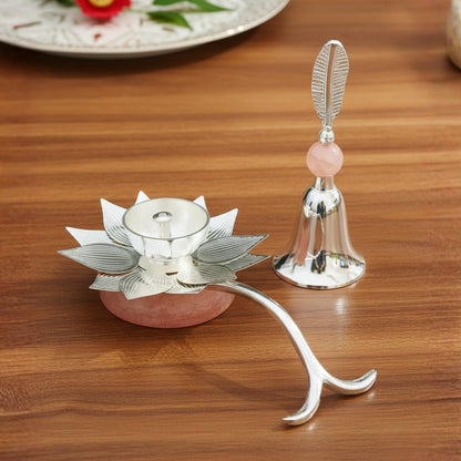DailyAlley Silver-Plated Lotus Diya & Bell Set | German Silver Puja Items with Pink Resin Accent | Lotus Oil Diya & Ghanti in Premium Pink Velvet Gift Box | Traditional Temple Decor & Auspicious Gifting Set Dailyalley