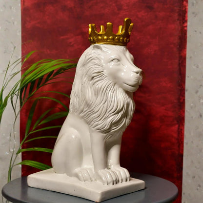 DailyAlley White & Gold Plated Crowned Lion King Statue (11 Inch) | Premium Polyresin Decorative Showpiece for Home, Office Desk & Gifting | Modern Black Lion Figurine Dailyalley