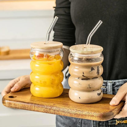 DailyAlley Can-Shaped Glass Tumbler with Airtight Wooden Lid & Straw. Perfect for hot & cold drinks at home, the office, or for travel. Dailyalley