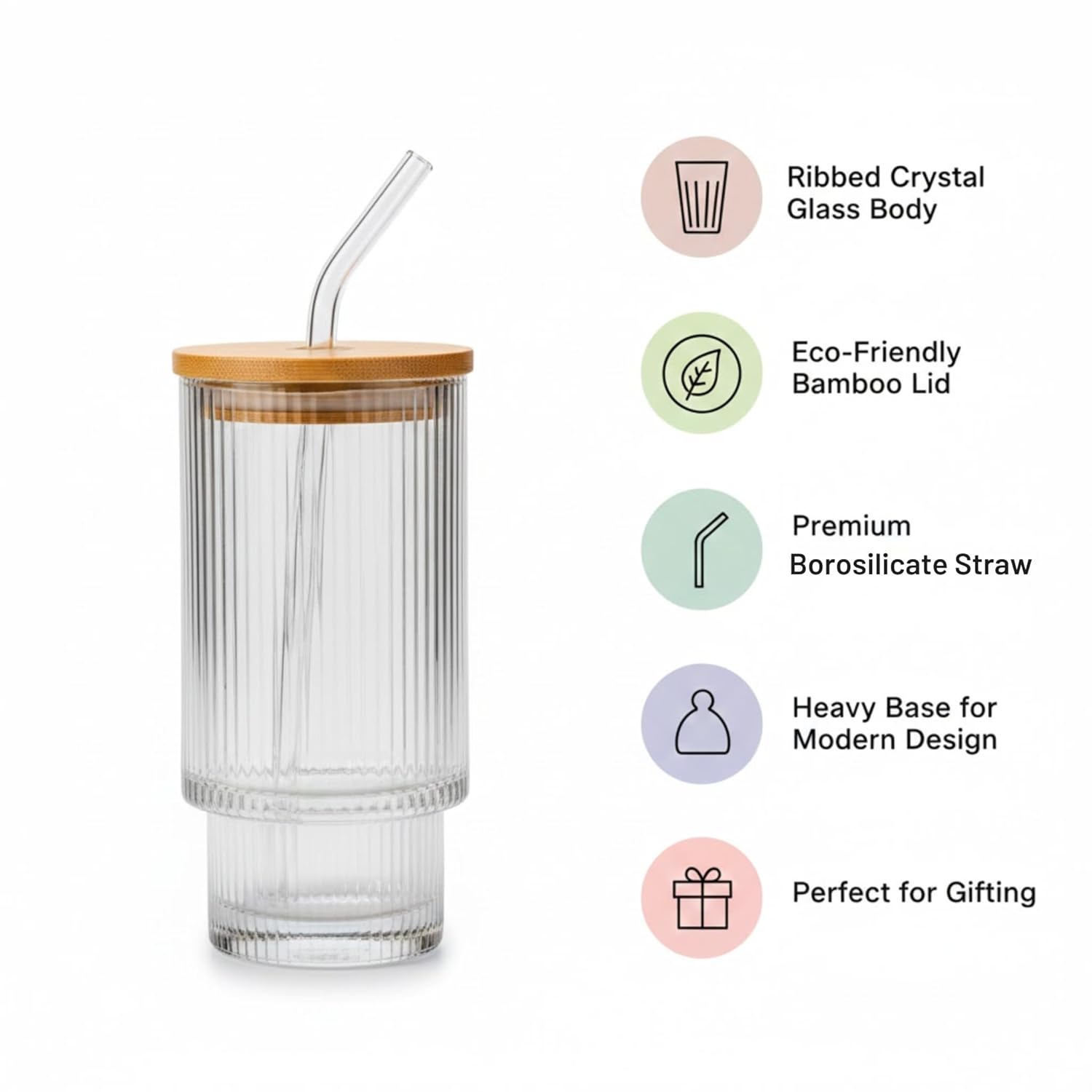 Crystal Ribbed Glass Tumbler Set of 2 – 400ml Reusable Glasses with Bamboo Lid & Glass Straw for Iced Coffee, Juice & Cold Drinks Dailyalley