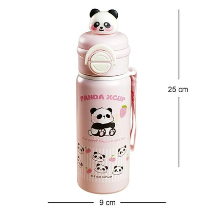 Pink panda-themed water bottle with measurements on a white background