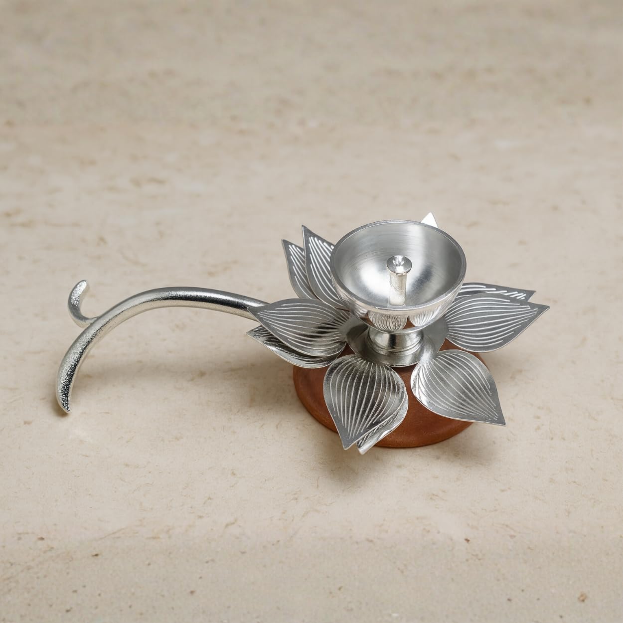 DailyAlley Silver-Plated Lotus Diya & Bell Set | German Silver Puja Items with Pink Resin Accent | Lotus Oil Diya & Ghanti in Premium Pink Velvet Gift Box | Traditional Temple Decor & Auspicious Gifting Set Dailyalley