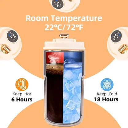 Thermos with temperature display and cooling/heating capabilities on an orange background