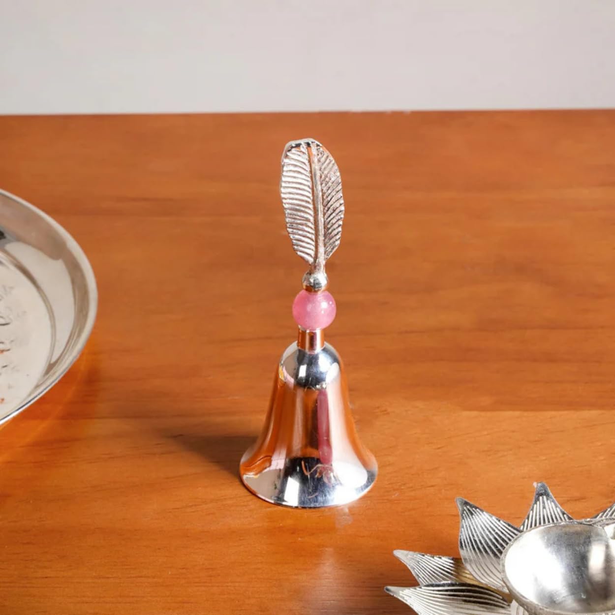 DailyAlley Silver-Plated Lotus Diya & Bell Set | German Silver Puja Items with Pink Resin Accent | Lotus Oil Diya & Ghanti in Premium Pink Velvet Gift Box | Traditional Temple Decor & Auspicious Gifting Set Dailyalley