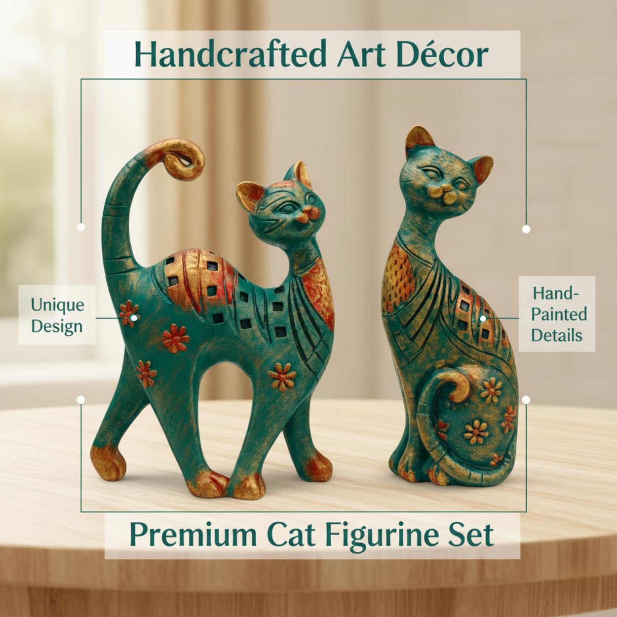 DailyAlley Decorative Cat Figurine Set | Handcrafted Resin Cat Sculptures with Teal Green & Antique Gold Finish, Floral Pattern Home Decor – Set of 2 Dailyalley
