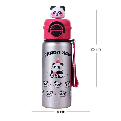 Silver water bottle with panda design and pink lid on a white background