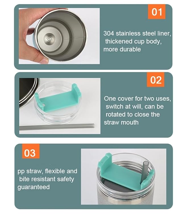 Product features of a stainless steel cup with a straw lid on a green background