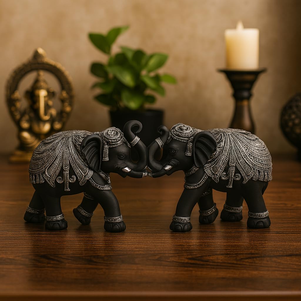DailyAlley Premium Black & Silver Elephant Pair Showpiece | Handcrafted Polyresin Good Luck Figurines for Home Decor, Vastu, Diwali & Wedding Gifts Dailyalley