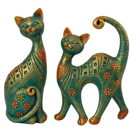 DailyAlley Decorative Cat Figurine Set | Handcrafted Resin Cat Sculptures with Teal Green & Antique Gold Finish, Floral Pattern Home Decor – Set of 2 (Different Shapes) Dailyalley