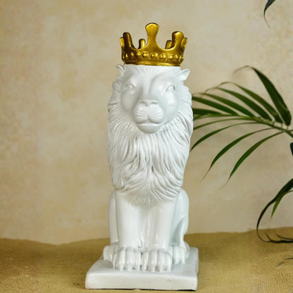 DailyAlley White & Gold Plated Crowned Lion King Statue (11 Inch) | Premium Polyresin Decorative Showpiece for Home, Office Desk & Gifting | Modern Black Lion Figurine Dailyalley