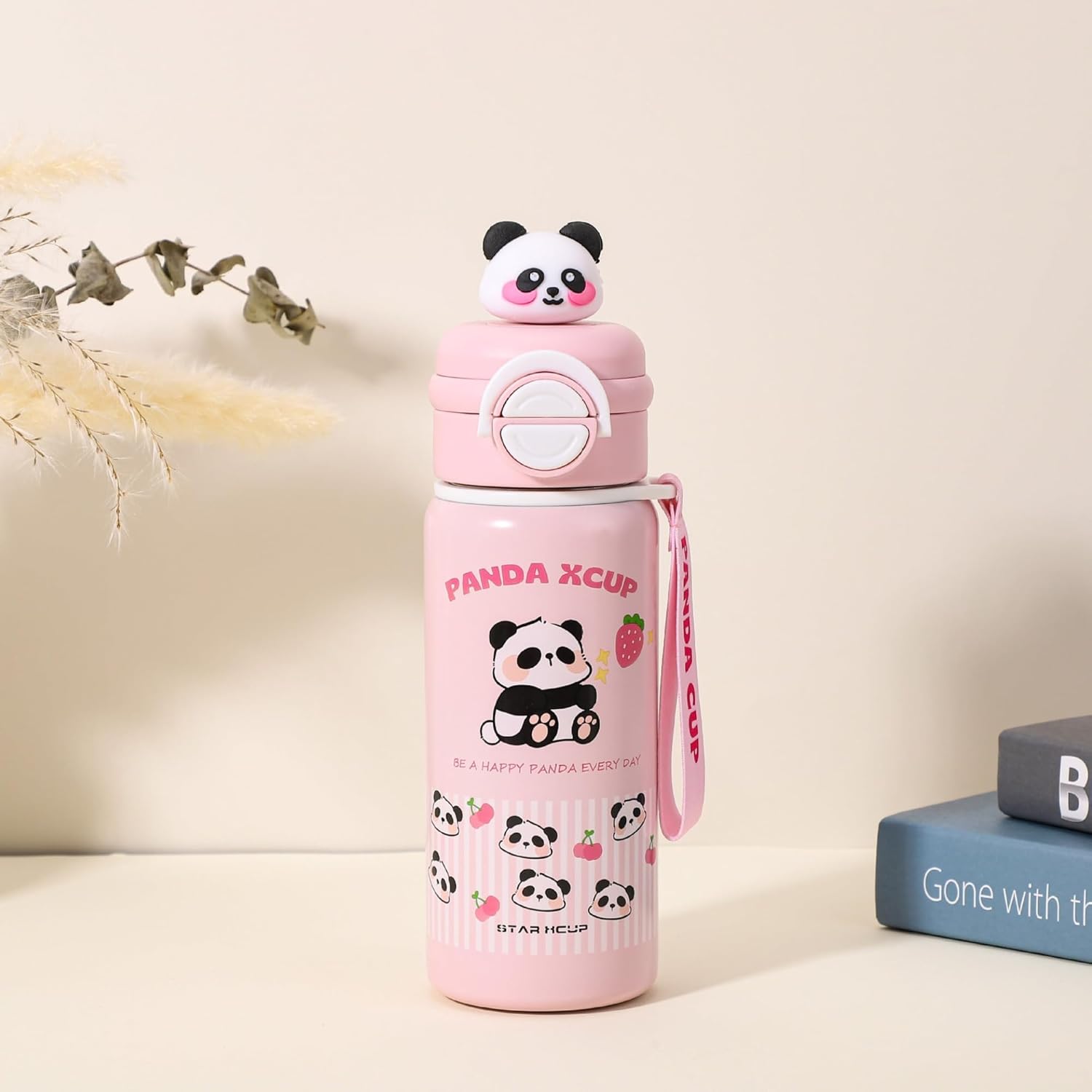 DailyAlley Pink Panda Water Bottle - A stainless steel thermos for kids, featuring a cute panda design. Perfect for keeping drinks hot or cold. Dailyalley