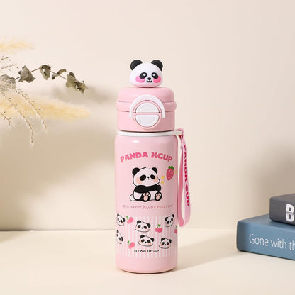 DailyAlley Pink Panda Water Bottle - A stainless steel thermos for kids, featuring a cute panda design. Perfect for keeping drinks hot or cold. Dailyalley