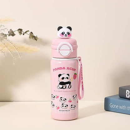 Pink water bottle with panda design on a light beige background