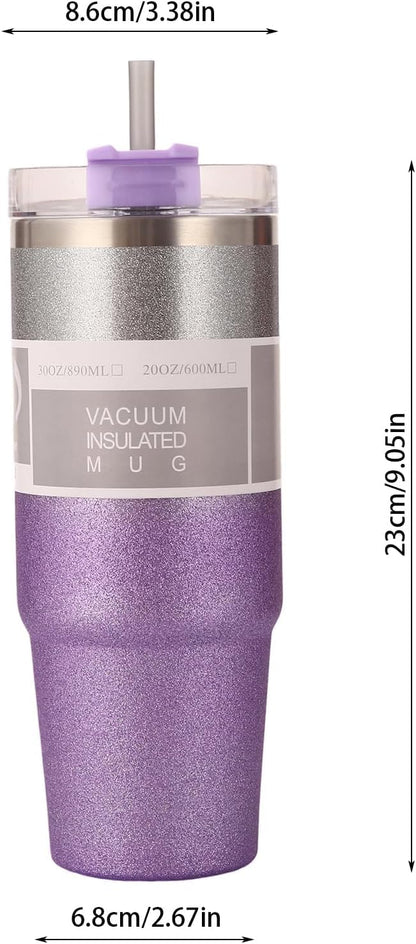 Purple glittery vacuum insulated mug with measurements on a white background
