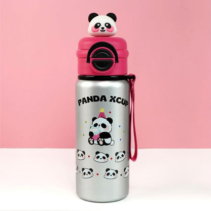 Silver water bottle with panda design and pink lid on a pink background