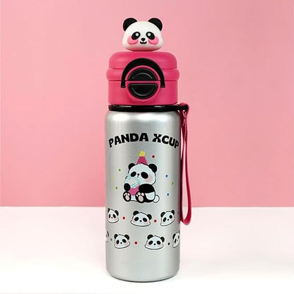 Panda-themed water bottle with pink lid and panda design on a pink background