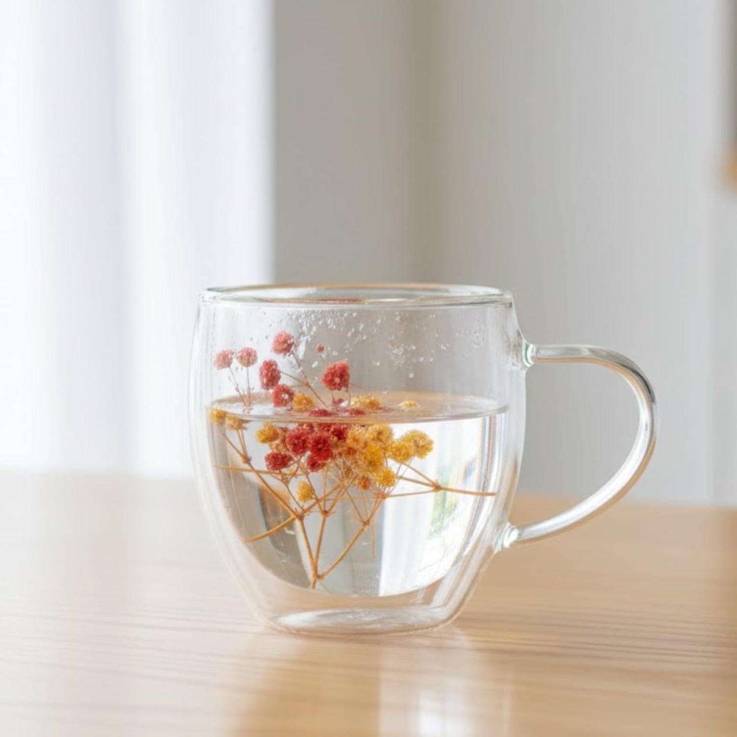 Dried Flower Double Wall Glass Coffee Mugs (Set of 3) | 350ml Borosilicate Insulated Cups w/ Handle | Floating Effect Tea Gift Dailyalley